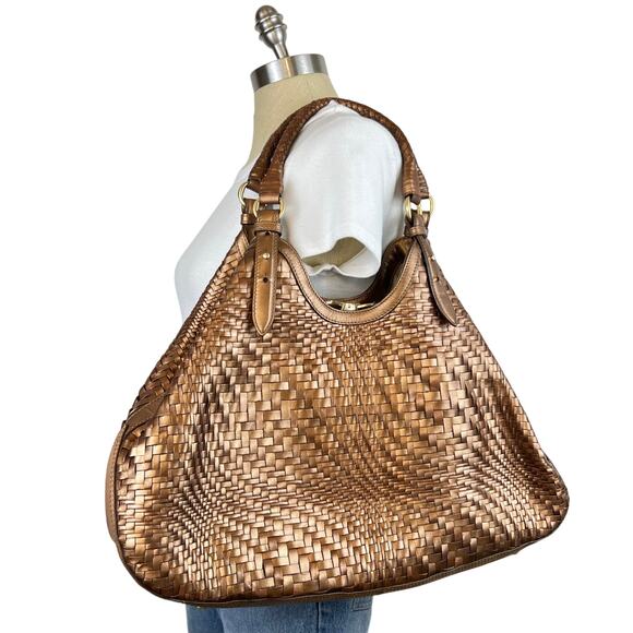 Cole Haan Genevieve Weave Brown Metallic Gold Leather Large Shoulder Bag - Picture 2 of 16